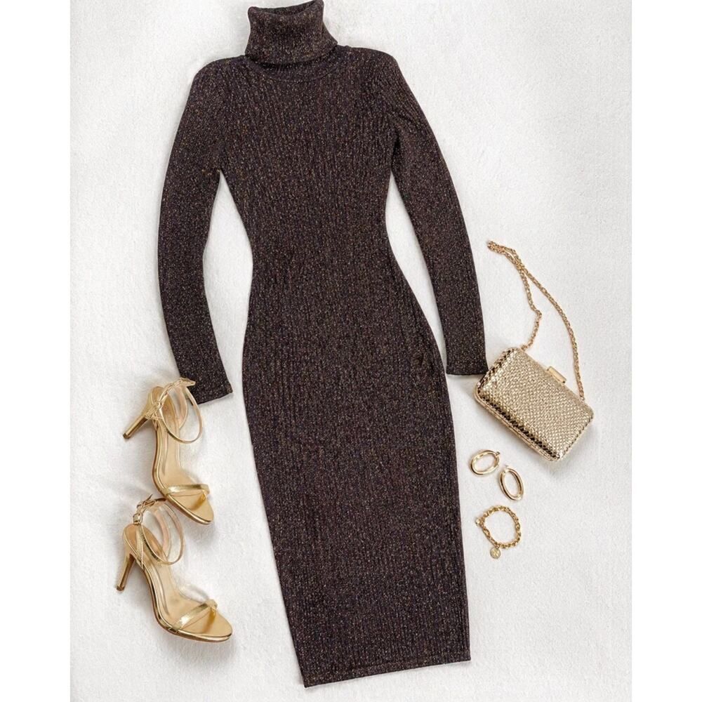 Camila Coelho Ribbed Bronze Lurex Bodycon Midi Dress Long Sleeve Small Glam Luxe
